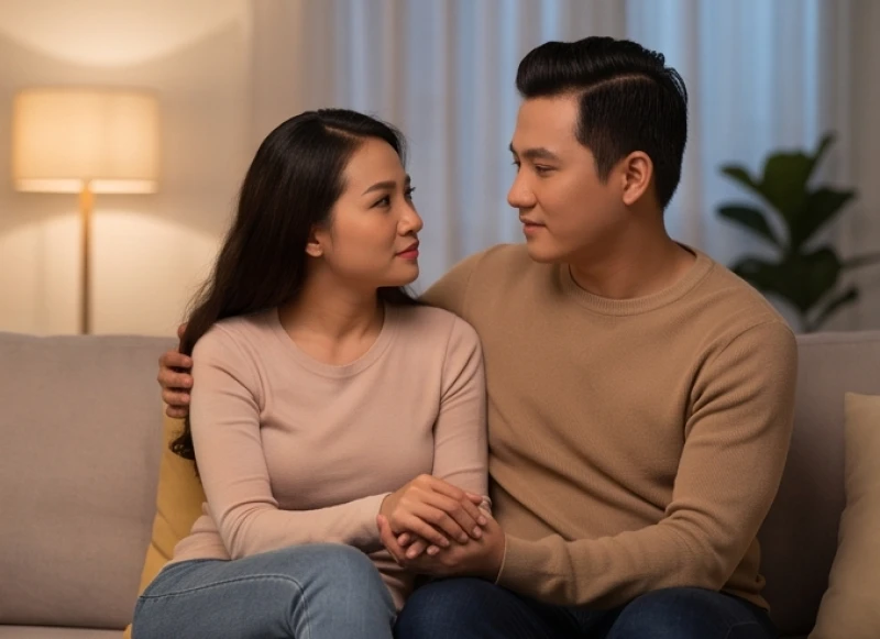 Cặp đôi ngồi bên nhau trò chuyện thấu hiểu để bù đắp khoảng trống giao tiếp sau khi nằm mơ thấy hôn người yêu mãnh liệt
