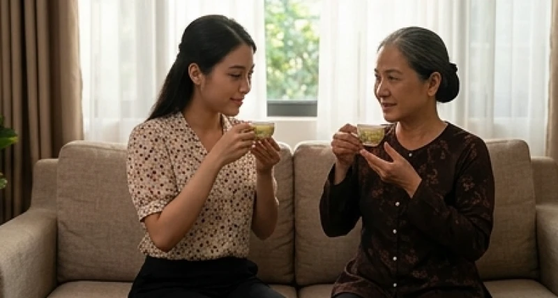 Hai mẹ con đang mỉm cười nhẹ nhàng và uống trà cùng nhau ở không gian phòng khách