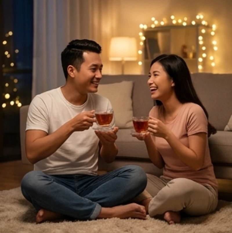 Cặp đôi mỉm cười uống trà buổi tối cùng nhau tạo không gian an toàn để chia sẻ những cảm xúc thầm kín