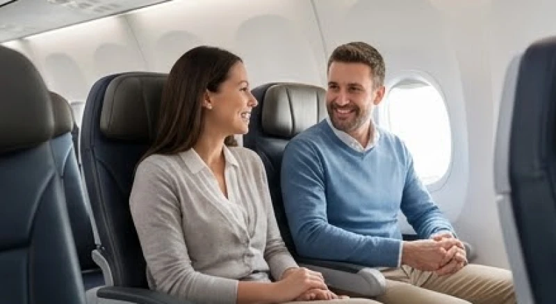 Mơ thấy đi máy bay: Giải mã điềm báo, con số và mẹo ổn định tâm lý 4 Hai hành khách mỉm cười trò chuyện vui vẻ cạnh nhau trong khoang máy bay sang trọng