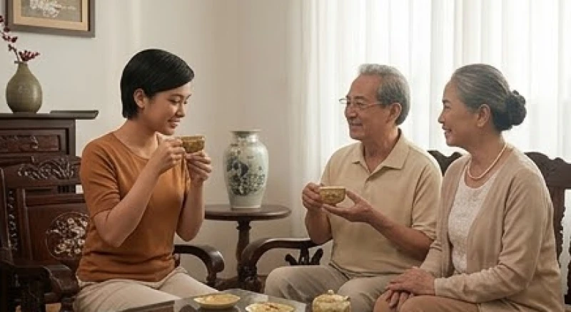 Người con trưởng thành đang ngồi uống trà và trò chuyện vui vẻ cùng bố mẹ già