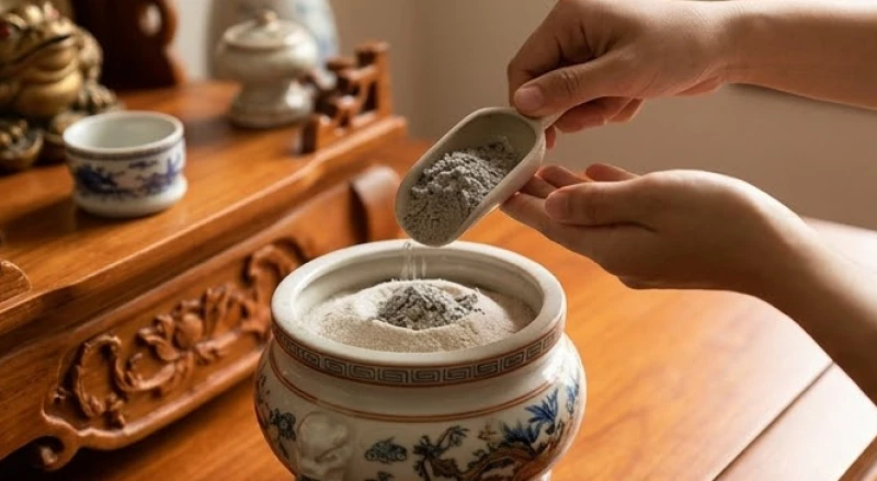 Tro rơm rạ nếp xốp nhẹ được bốc thả vào trong bát hương thay thế hoàn toàn cho cát trắng