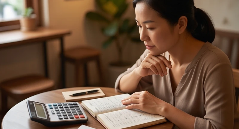 Nữ chủ quán cà phê người Việt đang tính toán lại sổ sách doanh thu