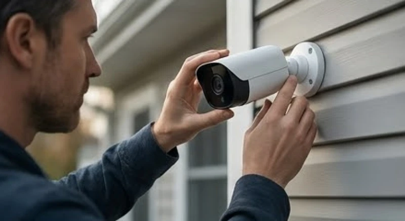 Người đàn ông đang cẩn thận kiểm tra lại hệ thống camera an ninh trước cửa nhà