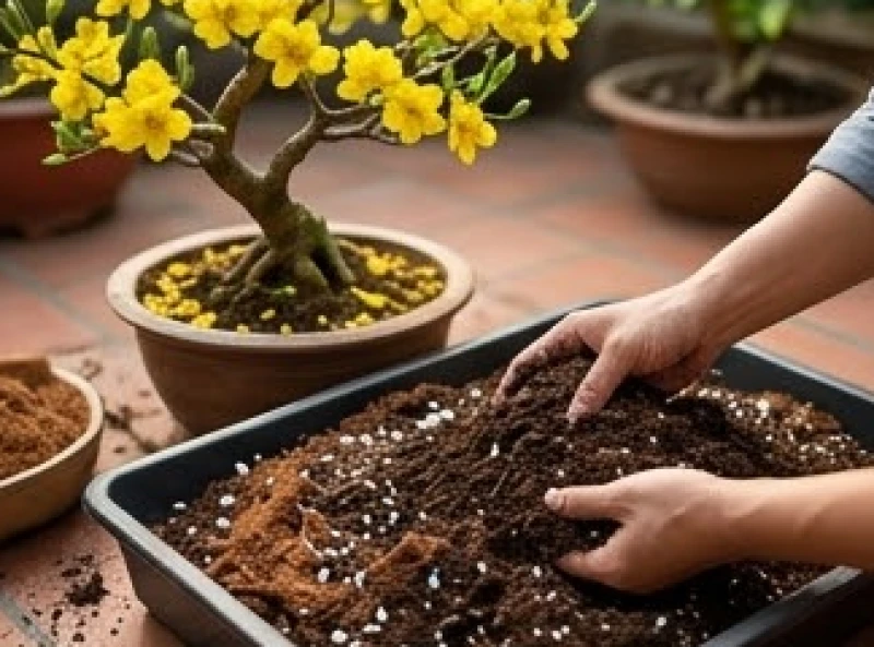 Hỗn hợp đất thịt và xơ dừa tơi xốp giúp gốc mai vàng thoát nước nhanh chóng vào mùa mưa