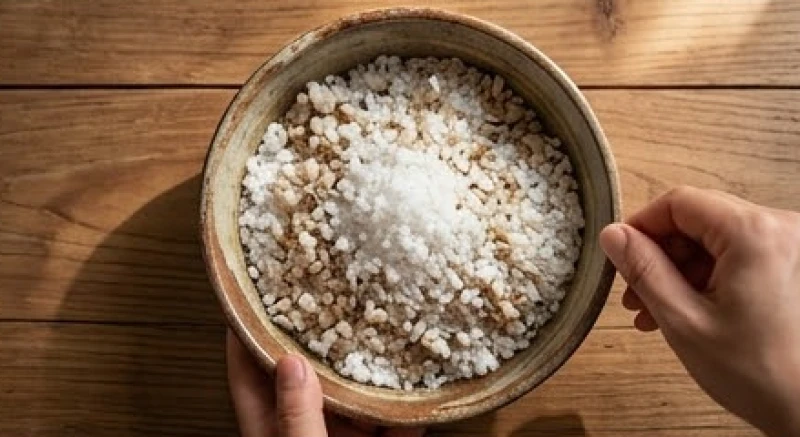 Bát sứ nhỏ đựng hỗn hợp gồm muối hạt to và gạo tẻ được trộn đều để chuẩn bị nghi thức thanh tẩy