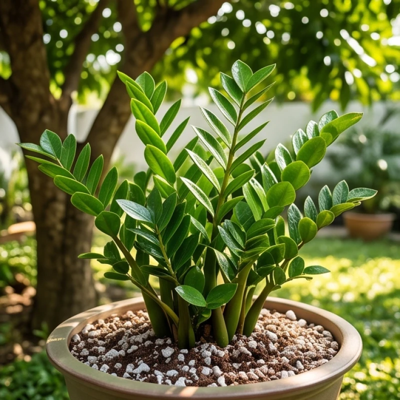 Cây trồng ngoài sân hợp tuổi Thân: Độ chịu nắng và vị trí 7 Bụi cây kim tiền xanh bóng vươn lên khỏe mạnh trong chậu đặt dưới bóng cây lớn