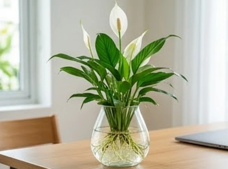 Chậu cây Lan Ý được trồng trong bình thủy tinh trong suốt để lộ rõ bộ rễ trắng muốt khỏe mạnh
