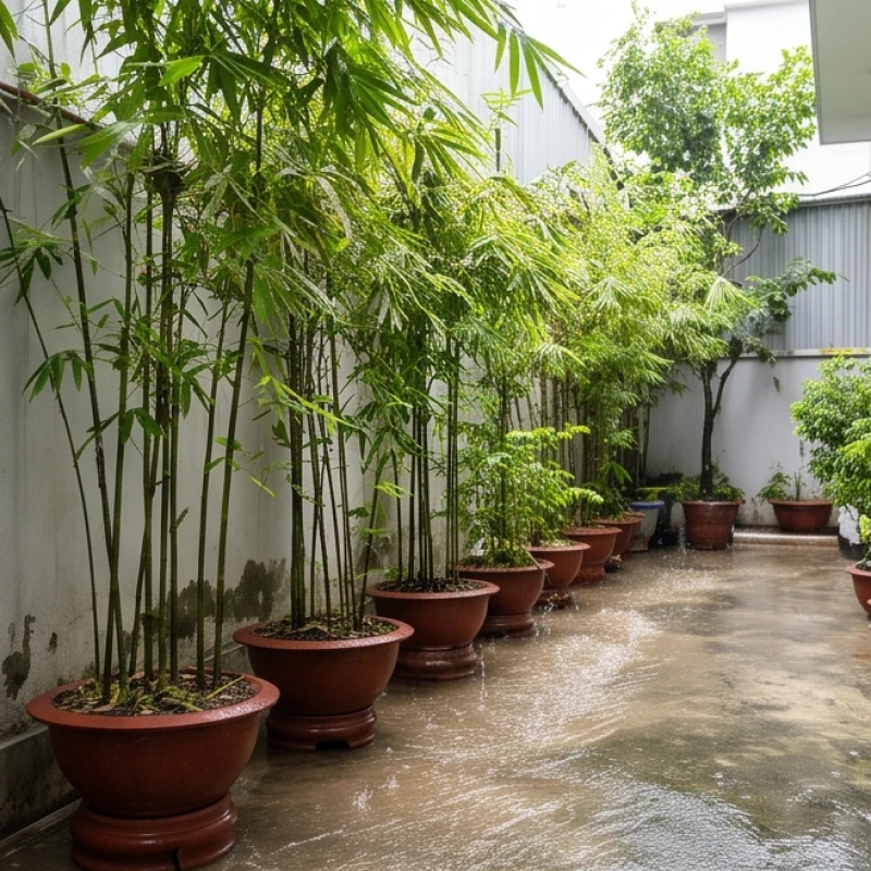 Hàng cây trúc được xếp dọc theo ranh giới tường rào để cản sát khí từ dòng nước chảy