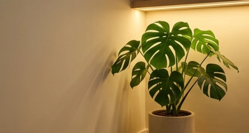 Góc thư giãn trong nhà được bố trí chậu cây xanh tươi tốt dưới ánh đèn vàng ấm áp