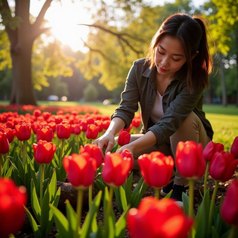 Mơ thấy trồng hoa tulip đỏ trong vườn