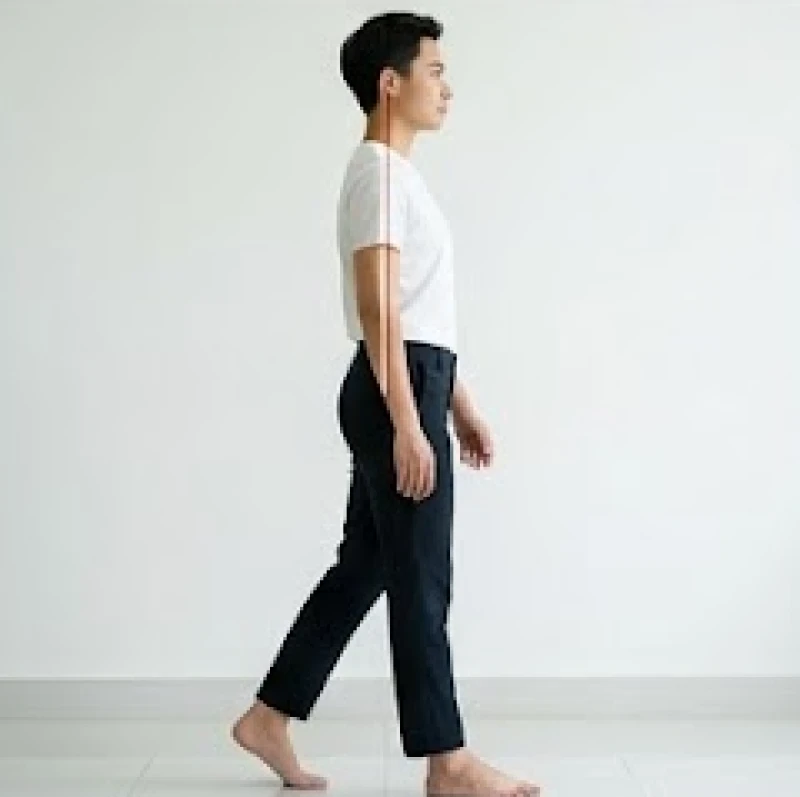 Tư thế đi đứng chuẩn với trục tai vai hông nằm trên một đường thẳng đứng để giữ thăng bằng