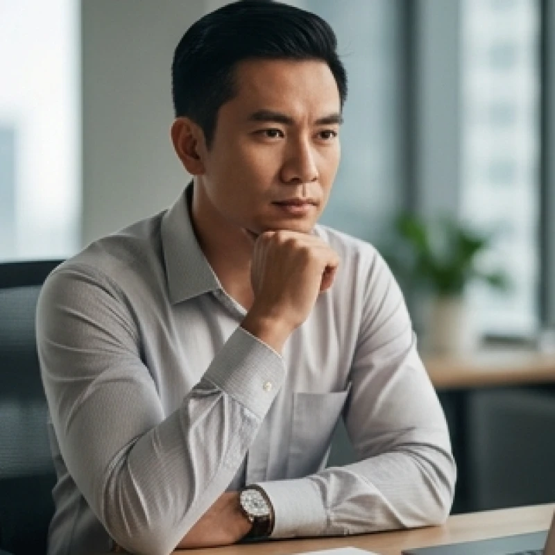 Người đàn ông mặc áo sơ mi đang chống cằm suy nghĩ bên bàn làm việc thể hiện sự tập trung cao