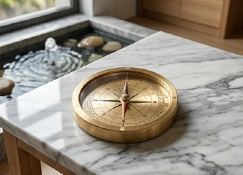 Kim la bàn chỉ rõ trục Nam Bắc với các yếu tố phong thủy tượng trưng cho ngũ hành tương sinh