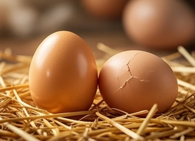 Mơ thấy gà đẻ trứng: Điềm báo tài lộc và bảng tra con số 1 Hai quả trứng gà nằm trên lớp rơm vàng, một quả nguyên vẹn sáng bóng và một quả có vết nứt vỡ nhỏ trên vỏ