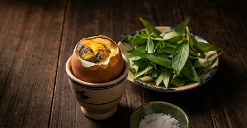 Mơ thấy trứng vịt: Giải mã điềm báo và bộ số dân gian 4 Quả trứng vịt lộn luộc chín đặt trên chiếc chén nhỏ kèm theo rau răm và muối tiêu
