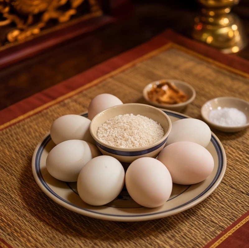 Mâm đồ sống gồm 5 quả trứng vịt sống và đĩa muối gạo dâng tại hạ ban Công Đồng