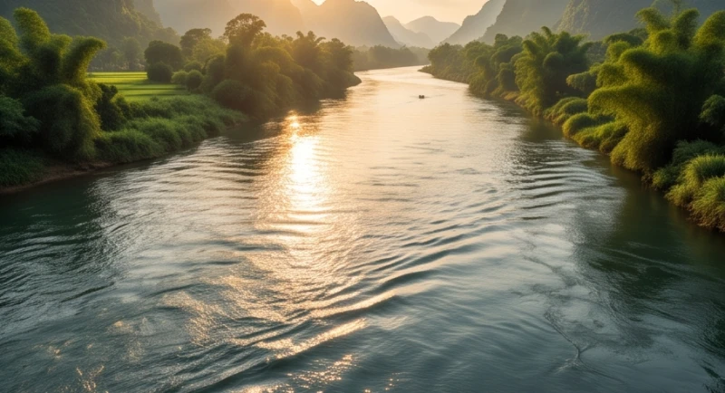 Dòng thác nước lớn chảy dài giữa thiên nhiên hùng vĩ biểu tượng cho nạp âm Trường Lưu Thủy