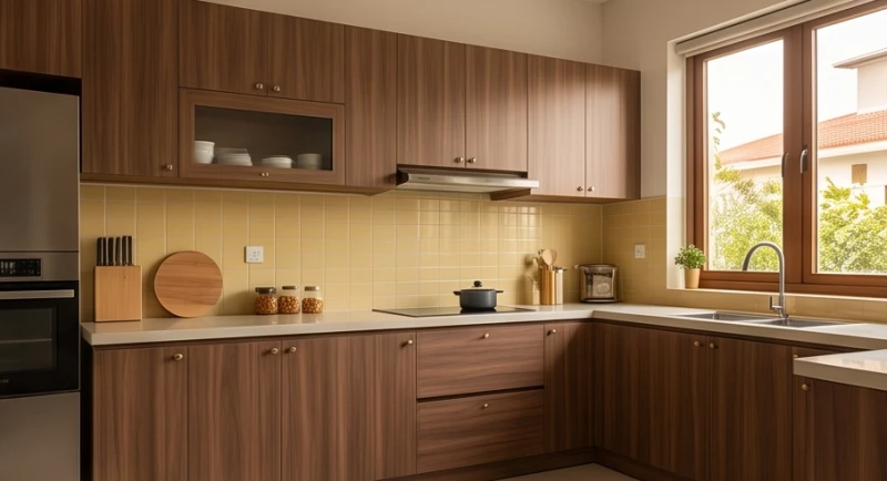 Hướng bếp hợp tuổi Thân: Sơ đồ tọa hung và cách trấn trạch 5 Hệ tủ bếp màu nâu vân gỗ ấm cúng đặc biệt tương sinh với gia chủ tuổi Mậu Thân mang bản mệnh Đại Trạch Thổ
