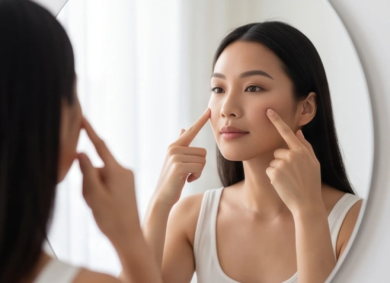 Cô gái tự dùng ngón tay đo tỷ lệ xương gò má nhô ngang trước gương
