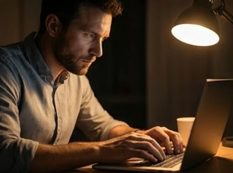 Nam giới tập trung cao độ khi gõ bàn phím làm việc muộn dưới ánh đèn vàng trong phòng