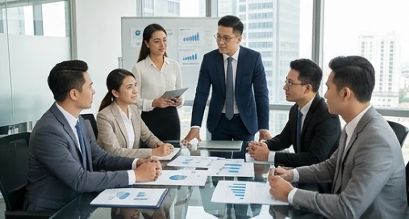 Nhóm nhân viên văn phòng đang thảo luận chiến lược kinh doanh và phân tích dữ liệu trên biểu đồ