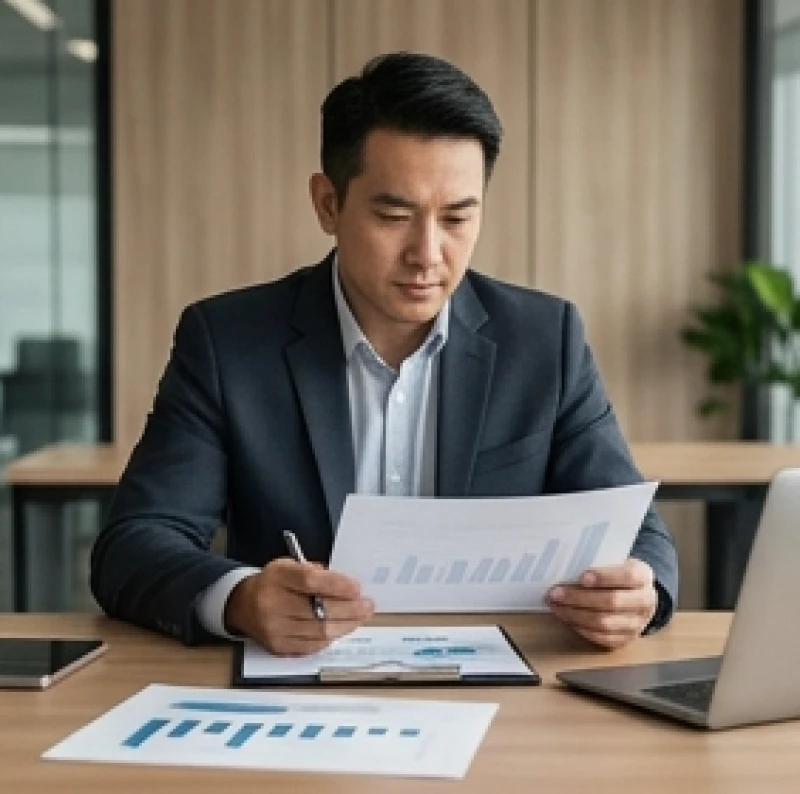 Nam quản lý đang xem xét các báo cáo tài chính trên bàn làm việc để ra quyết định