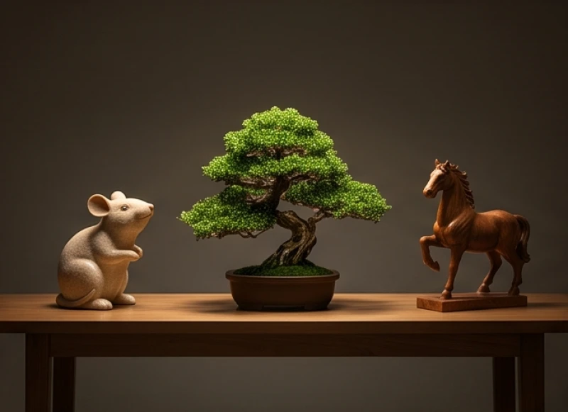 Tượng chuột và ngựa đặt cách xa nhau với một chậu cây xanh nhỏ ở giữa để cân bằng phong thủy