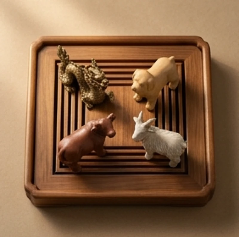 Tứ hành xung tuổi Tuất: Đối chiếu Can Chi và quy tắc hóa giải 1 Bốn bức tượng linh vật Thìn Tuất Sửu Mùi bằng gốm sứ đặt cạnh nhau trên khay gỗ truyền thống