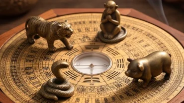 Bộ tứ hành xung tuổi Dần cùng Thân, Tỵ, Hợi được sắp xếp trên la bàn phong thủy với các linh vật đại diện
