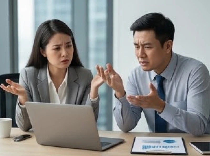 Tuổi Mão hợp làm ăn với tuổi nào: Chuẩn ngũ hành 1987 và 1999 3 Hai người có biểu cảm bất đồng trong cuộc họp, phản ánh rủi ro phá tài khi kết hợp với nhóm tứ hành xung