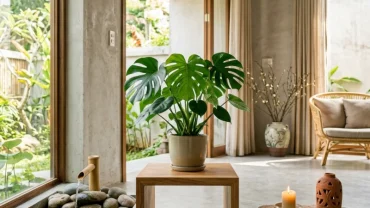 Không gian phòng khách hiện đại tại Việt Nam với cây xanh phong thủy giúp hóa giải tứ hành xung tuổi ngọ