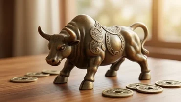 Tượng trâu phong thủy bằng đồng đặt trên bàn gỗ đại diện cho người tuổi Sửu trong tứ hành xung