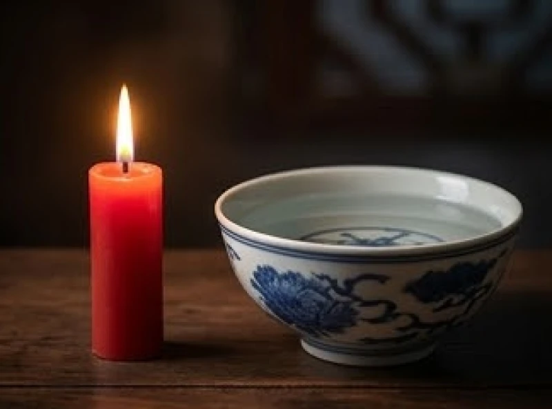 Ngọn nến đỏ cháy sáng bên cạnh một bát nước trong đại diện cho sự tương khắc giữa Thủy và Hỏa