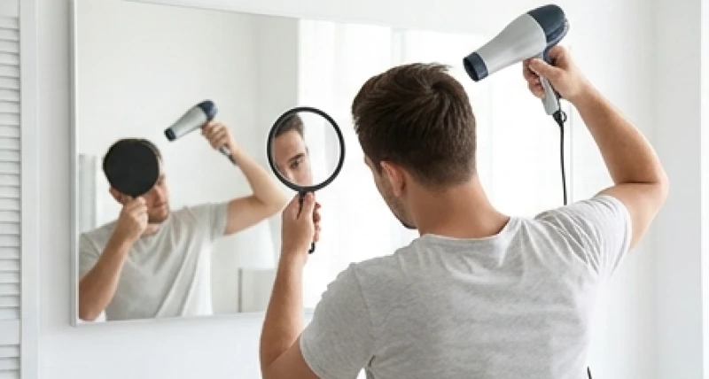 Nốt ruồi ở da đầu nam: Luận tướng trái - phải và chi phí tẩy 4 Người đàn ông dùng gương tay nhỏ và máy sấy tóc để tự quan sát nốt ruồi sau gáy
