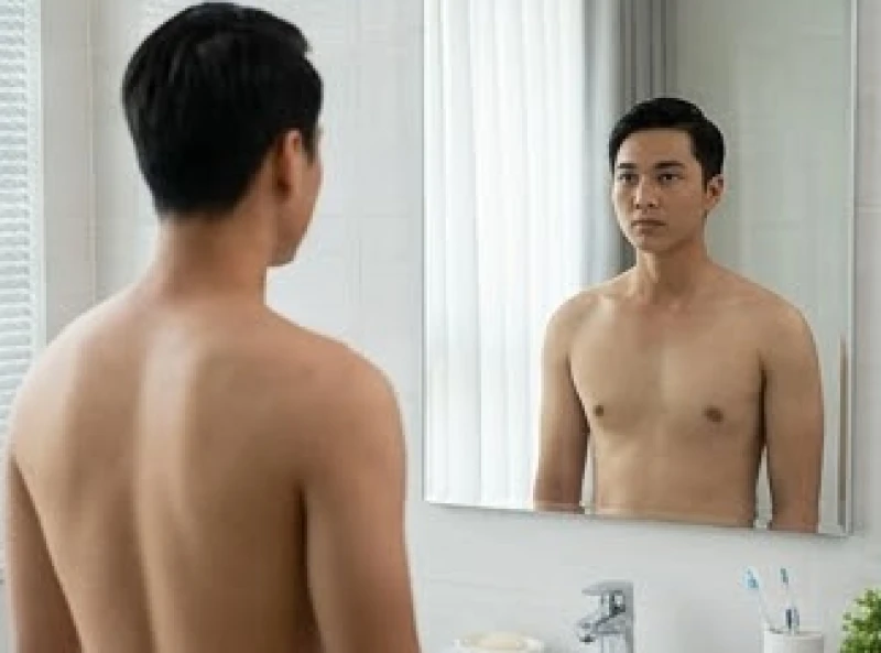 Đứng thả lỏng trước gương lớn để quan sát vị trí hai hốc xương đòn nhằm phát hiện tướng vai lệch bẩm sinh