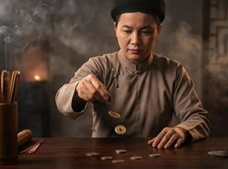 Một người khoác trang phục truyền thống đang chăm chú lật mở những đồng xu gieo quẻ với vẻ mặt uy quyền