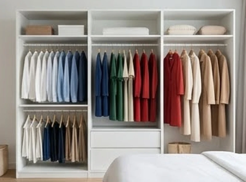 Tủ quần áo được sắp xếp gọn gàng với các gam màu phong thủy đại diện cho ngũ hành