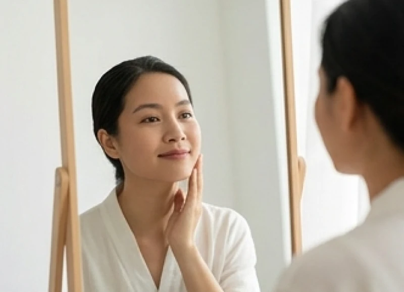 Người phụ nữ nhìn vào gương với vẻ mặt thư giãn để tự điều chỉnh khí chất bản thân mỗi ngày