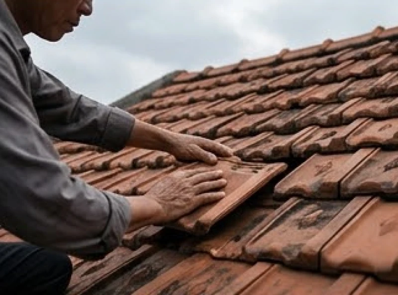 Mơ thấy nhà dột: Giải mã điềm báo, góc nhìn tâm lý & con số 4 Đôi bàn tay đang cẩn thận lợp lại những viên ngói bị nứt trên mái nhà để chống dột