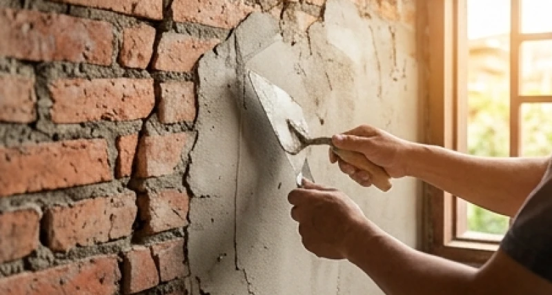 Bàn tay người thợ đang tỉ mỉ trát vữa lên bức tường gạch thể hiện nỗ lực tự chữa lành tổn thương