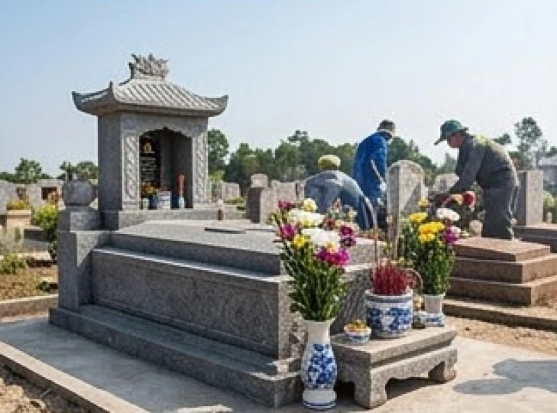 Văn khấn thần linh ngoài mộ: Bài cúng chuẩn tâm linh cho mọi dịp 9 Khuôn viên phần mộ đang được gia đình tu sửa lại khang trang bằng đá mới sau khi đã xin phép Thổ địa bản xứ