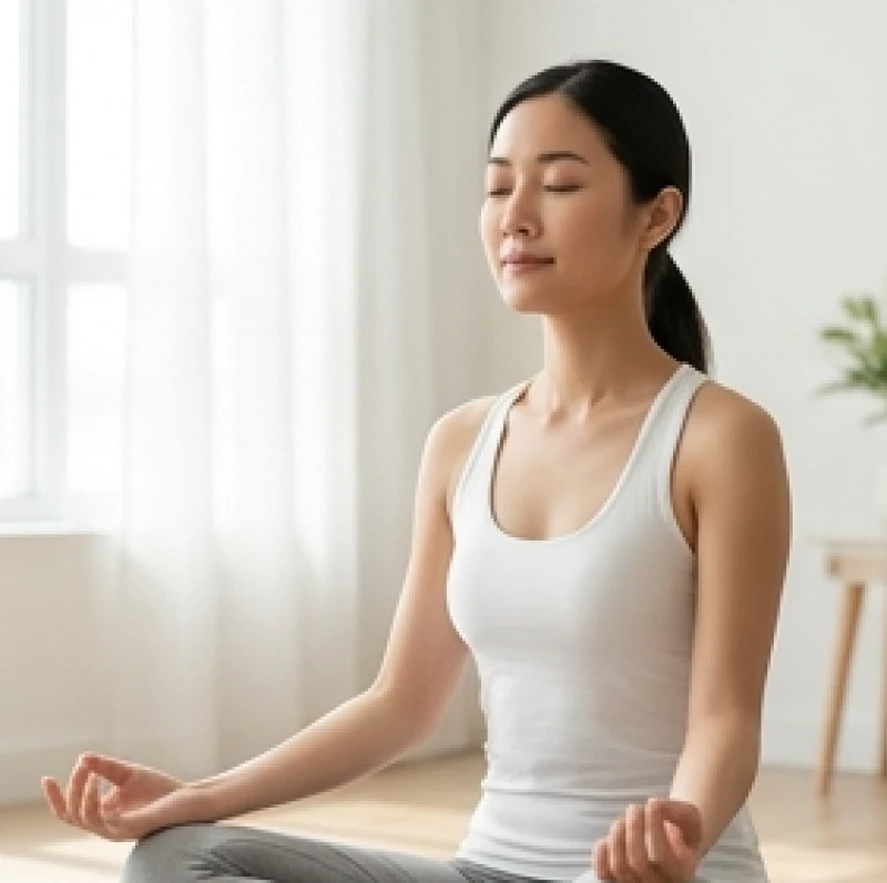 Một người phụ nữ đang ngồi thiền định thư giãn trong không gian tĩnh lặng ngập tràn ánh sáng