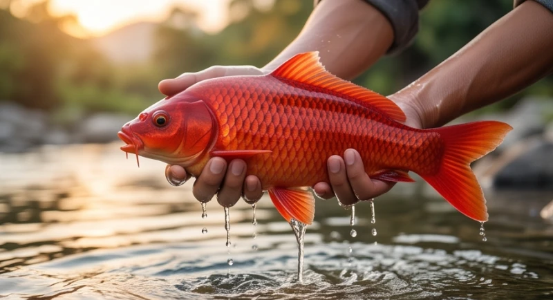 Mơ thấy cá chép đỏ: Giải mã điềm báo và cách hóa giải điềm xấu 2 Đôi bàn tay đang cẩn thận nâng một con cá chép đỏ rực rỡ vừa bắt được từ dưới suối