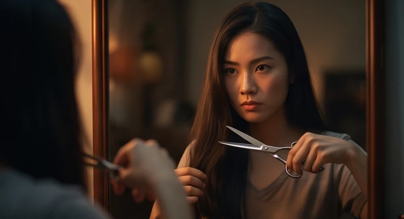 Mơ thấy cắt tóc: Giải mã điềm báo lành dữ và con số may mắn 3 Một người phụ nữ kiên quyết cầm kéo tự tay cắt đi mái tóc của chính mình trước tấm gương mờ ảo