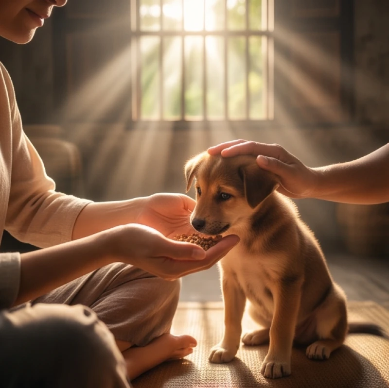 Mơ thấy nuôi chó: Giải mã điềm báo tâm linh và sổ mơ tài lộc 1 Đôi bàn tay ân cần vuốt ve và cho chú chó nhỏ ăn trong ánh nắng ban mai rực rỡ