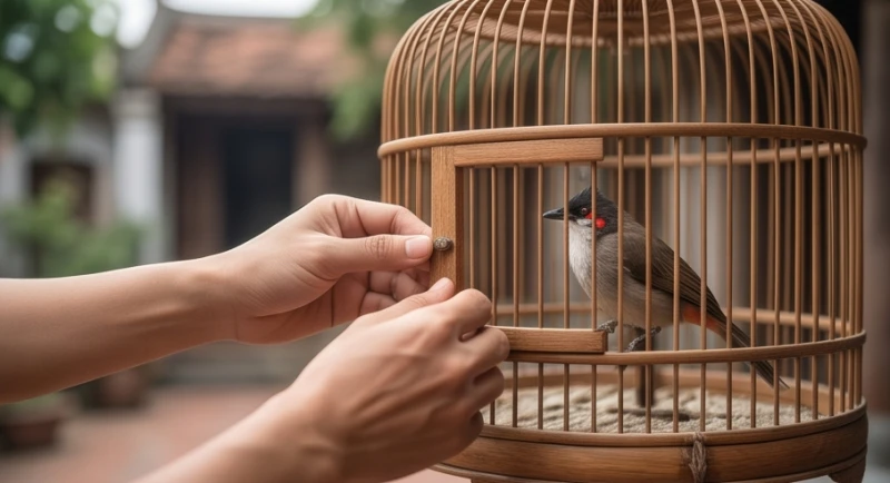 Mơ thấy nuôi chim trong lồng: Giải mã tâm lý & sổ mơ tài lộc 2 Bàn tay người đang nhẹ nhàng khép lại cánh cửa của chiếc lồng tre sau khi đưa chú chim nhỏ vào bên trong