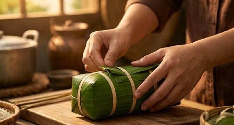 Mơ thấy gói bánh tét: Điềm báo theo bối cảnh & con số 3 Đôi bàn tay khéo léo đang tỉ mỉ gấp từng nếp lá chuối và miết chặt lạt để tạo hình đòn bánh tét