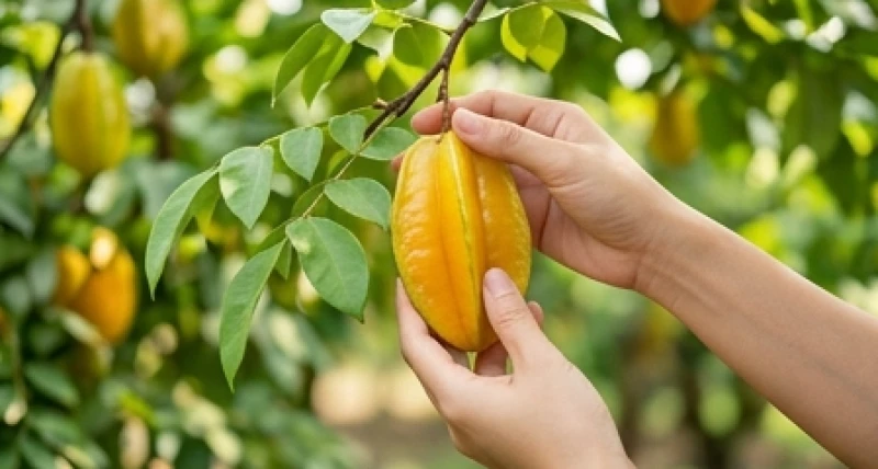 Mơ thấy cây khế: Phân biệt điềm báo chua ngọt và số tài lộc 3 Bàn tay đang nhẹ nhàng hái quả khế chín vàng từ trên cành cây thể hiện sự chủ động nắm bắt cơ hội