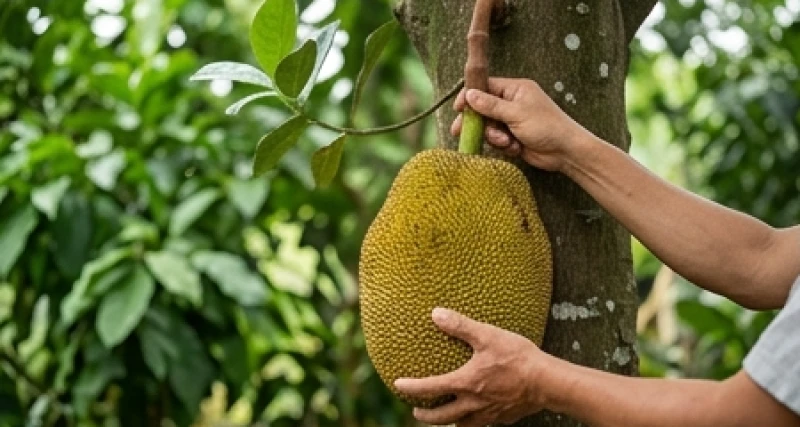 Đôi bàn tay cẩn thận bám vào thân cây và bẻ cuống quả mít chín nặng trĩu để thu hoạch thành quả